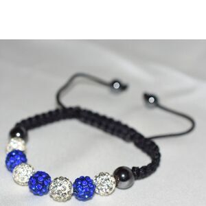 NWOT Shamballa Pave White/Blue Crystal Ball Beads Black Braided Cord Bracelet